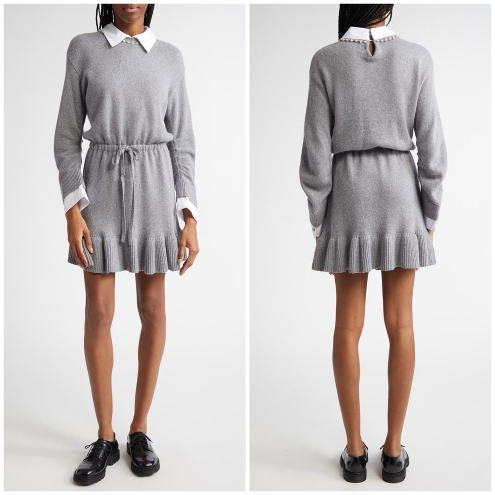 Cinq a Sept Imitation Pearl Necklace Detail Long Sleeve Layered Sweater Dress L
